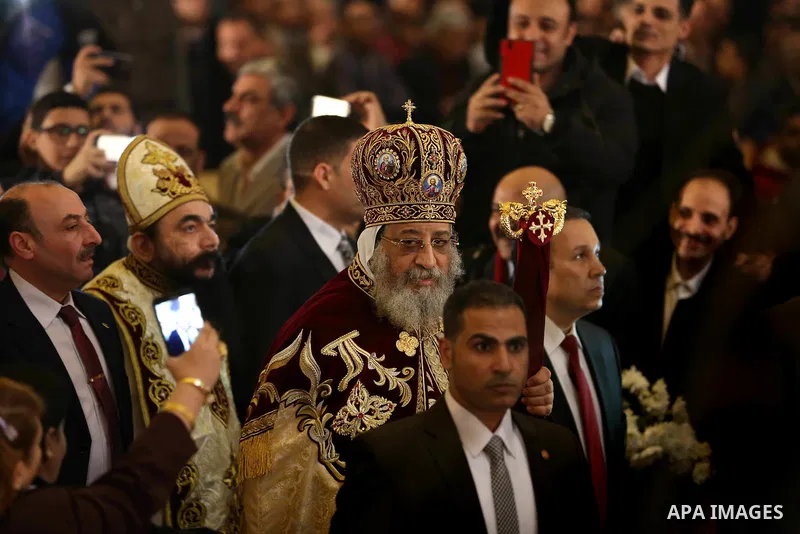 Pope Tawadros II, the 118th Pope of the Coptic Orthodox Church of Alexandria and Patriarch of the See of St. Mark Cathedral, leads Egypt's Coptic Christmas eve mass in Cairo, Egypt, January 6, 2016. Photo by Stringer