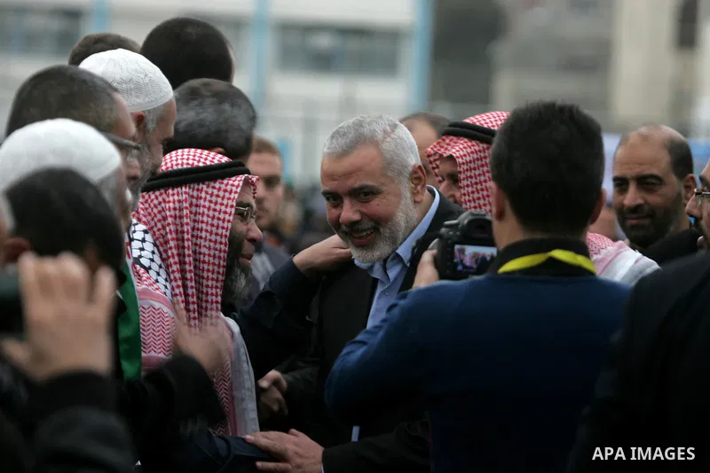 Senior Hamas leader Ismail Haniyeh attends a rally in Khan Yunis in the southern Gaza Strip on January 7, 2016. The rally was held to honor the families of dead militants from the armed wing, who Hamas said participated...