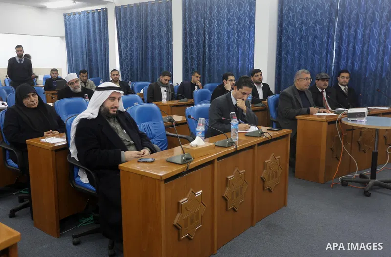 Members of the Palestinian legislative council from Hamas movement attend a meeting at the legislative council in Gaza city on January 11, 2016. Photo by Mohammed Asad