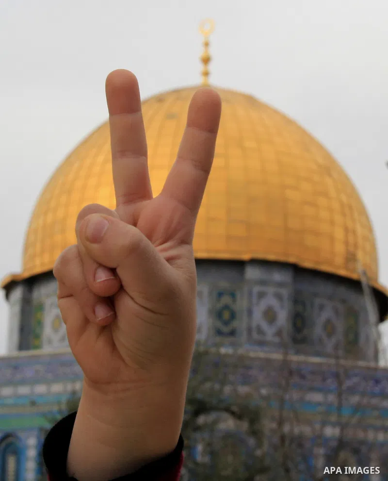 A Palestinian boy falshes victory sign in front of Jerusalem's Dome of the Rock mosque in the Al-Aqsa mosque compound on Jan. 11, 2016. Photo by Mahfouz Abu Turk