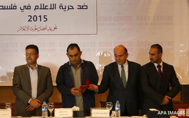Palestinian journalists take part in a media conference, in Gaza city on January 17, 2016. Photo by Mohammed Asad
