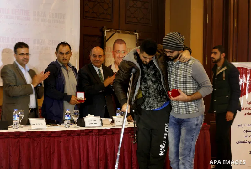 Palestinian journalists take part in a media conference, in Gaza city on January 17, 2016. Photo by Mohammed Asad