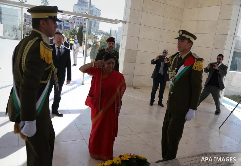 Indian Foreign Minister Sushma Swaraj stands after laying at the tomb of the late Palestinian leader Yasser Arafat at the Muqataa, the Palestinian Authority headquarters in the West Bank city of Ramallah January 17, 2016...