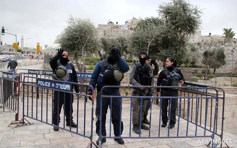 Israeli security forces stand guard in front of Damascus gate, in Jerusalem's old city on Jan. 19, 2016. Photo by Mahfouz Abu Turk