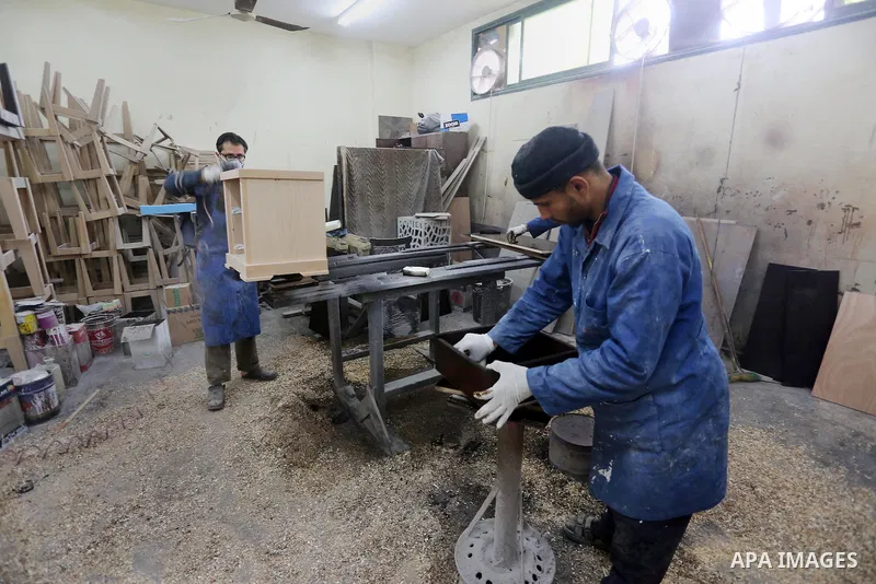 A Palestinian disabled works on wood to makes furniture during participate in a project titled "Erada" funded by the Turkish President Ragab Ardogan at the Islamic university, in Gaza City, on January 20, 2016. Photo by...
