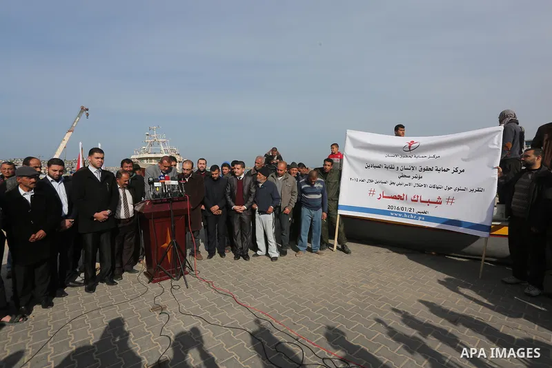 Palestinians fishermen take part in a protest against the Israeli blockade on Gaza strip, in Gaza city on January 21, 206. Israel imposed a blockade on Gaza in 2007 after Islamist group Hamas seized control of the territ...