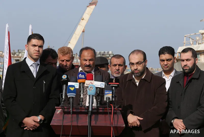 Palestinians fishermen take part in a protest against the Israeli blockade on Gaza strip, in Gaza city on January 21, 206. Israel imposed a blockade on Gaza in 2007 after Islamist group Hamas seized control of the territ...