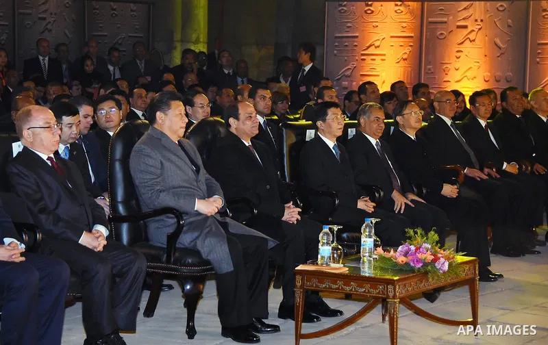 President Abdel Fattah al-Sisi and Chinese President Xi Jinping attend a cermoney during the Chinese president's visit to Luxor temple in Luxor, Egypt, January 21, 2016. Photo by Egyptian President Office