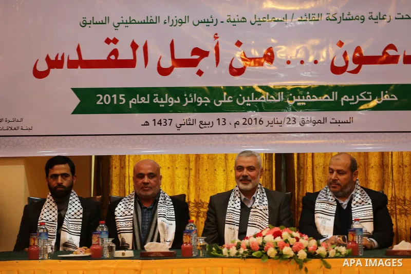 Senior Hamas leader Ismail Haniyeh speaks during a ceremony to honor the journalists, in Gaza city on January 23, 2016. Photo by Mohammed Asad