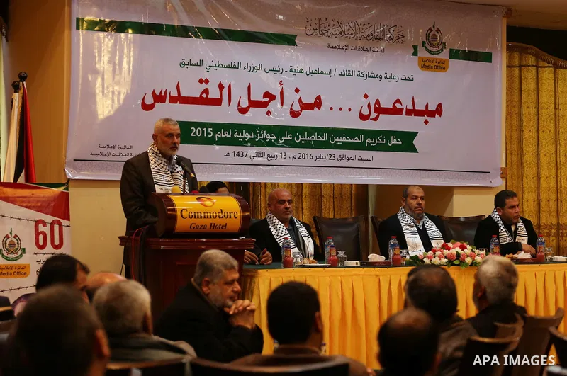 Senior Hamas leader Ismail Haniyeh speaks during a ceremony to honor the journalists, in Gaza city on January 23, 2016. Photo by Mohammed Asad