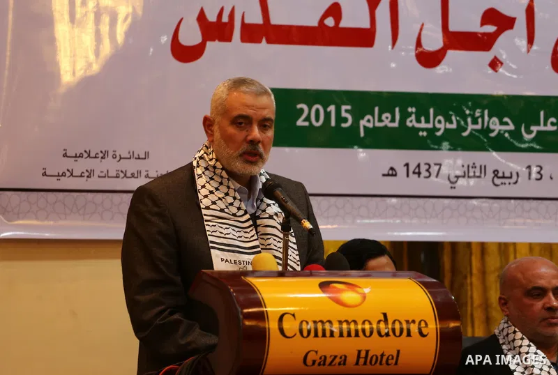 Senior Hamas leader Ismail Haniyeh speaks during a ceremony to honor the journalists, in Gaza city on January 23, 2016. Photo by Mohammed Asad