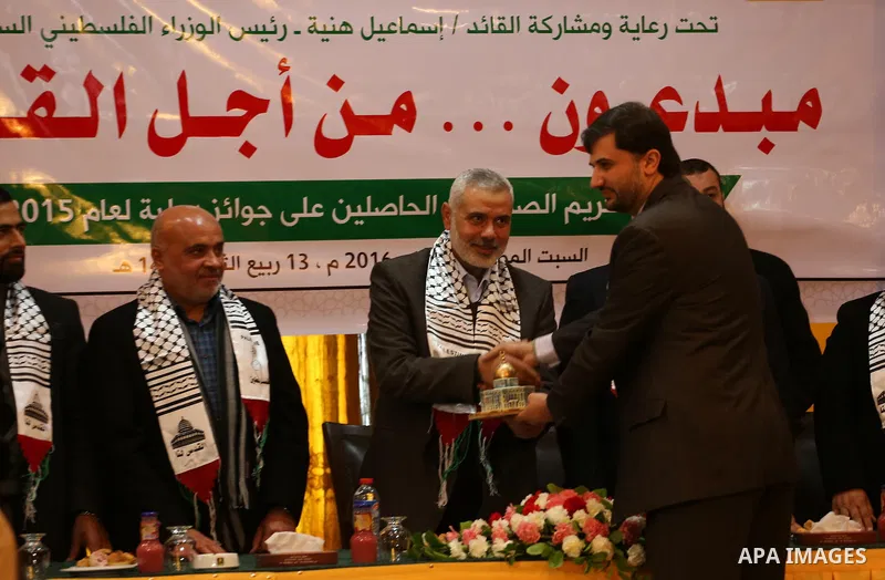 Senior Hamas leader Ismail Haniyeh speaks during a ceremony to honor the journalists, in Gaza city on January 23, 2016. Photo by Mohammed Asad