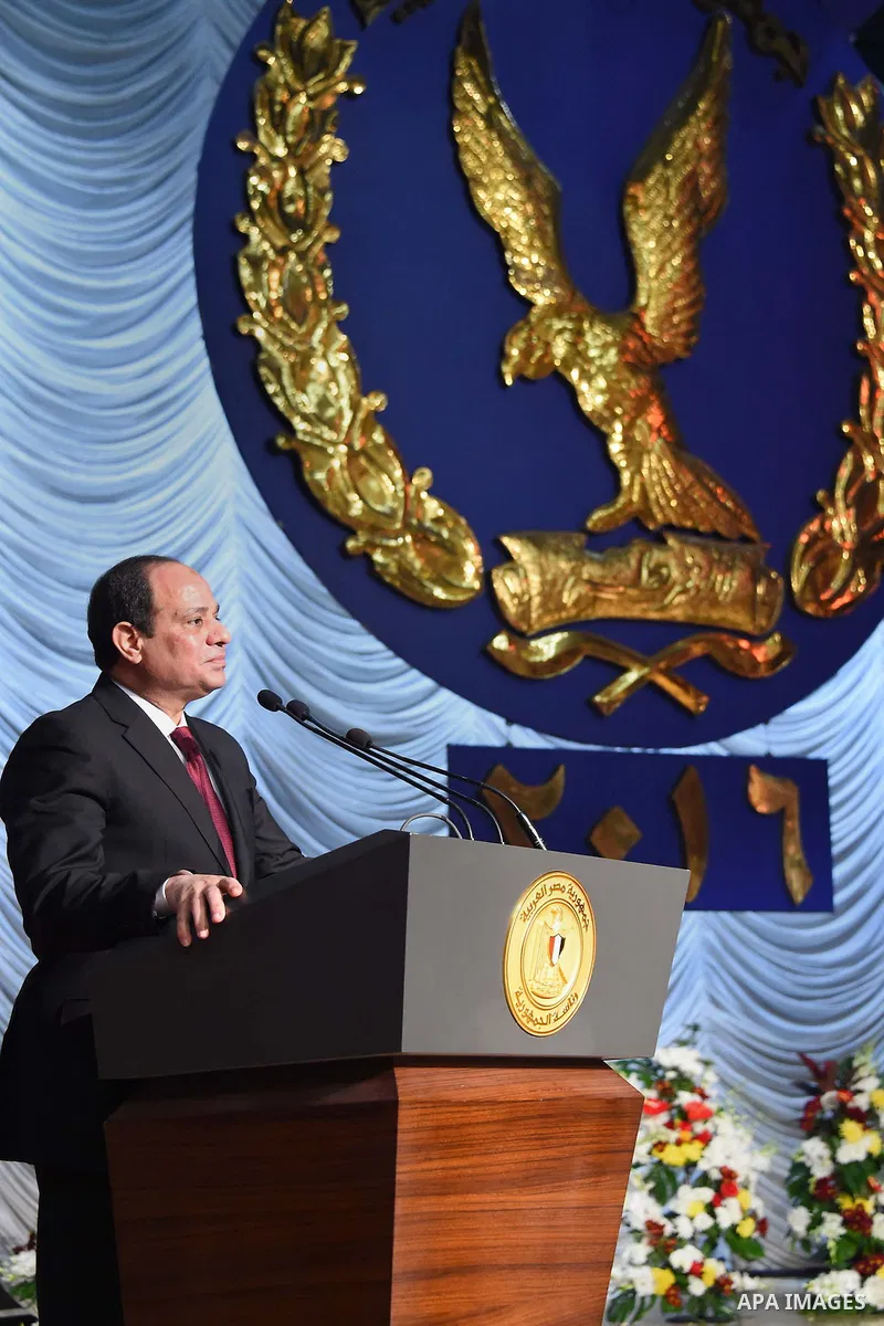Egyptian President Abdel-Fattah el-Sissi speaks at a ceremony marking Police Day, which falls on Jan. 25, the anniversary of the 2011 uprising that toppled longtime ruler Hosni Mubarak, in Cairo, Egypt, Saturday, Jan. 23...