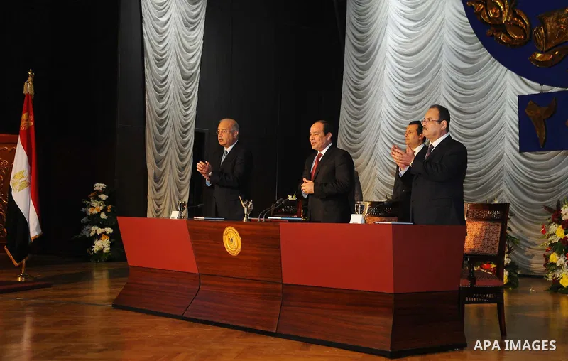 Egyptian President Abdel-Fattah el-Sissi takes part in a ceremony marking Police Day, which falls on Jan. 25, the anniversary of the 2011 uprising that toppled longtime ruler Hosni Mubarak, in Cairo, Egypt, Saturday, Jan...