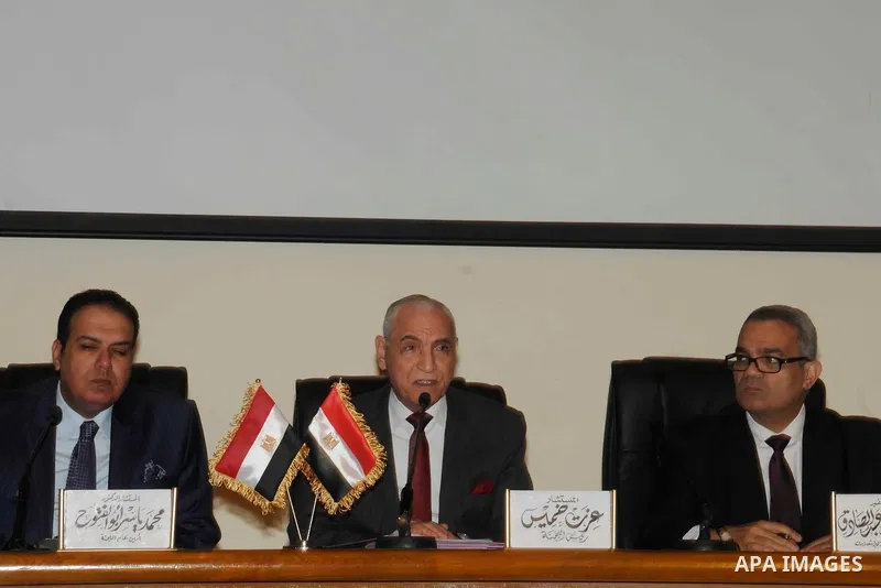 Judge Ezzat Khamis a head of justice ministry panel tasked with confsicating Muslim Brotherhood speaks during a press conference in Cairo, Egypt, on Jan. 24, 2016. A panel tasked by the Justice Ministry to oversee the co...