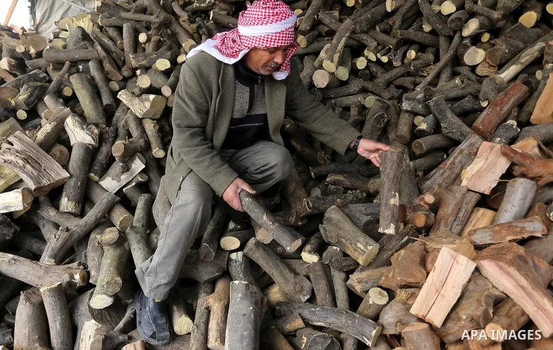 A Palestinian vendor stands in front of logs for heating and cooking on a rainy day, in Khan Younis in the southern Gaza Strip, January 24, 2016. Photo by Yasser Qudih