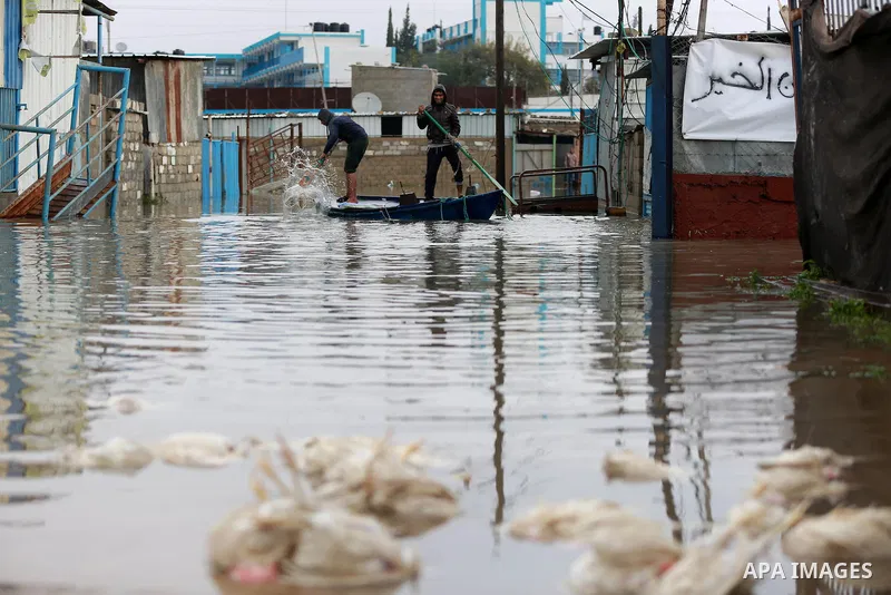 Palestinians paddle a boat in flood waters as they make their way to their flooded chicken farm during a winter storm in Rafah in the southern Gaza Strip January 27, 2016. Photo by Yasser Qudih