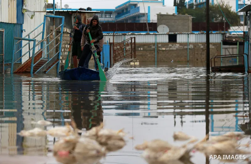 Palestinians paddle a boat in flood waters as they make their way to their flooded chicken farm during a winter storm in Rafah in the southern Gaza Strip January 27, 2016. Photo by Yasser Qudih