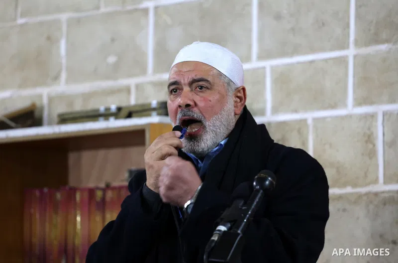 Senior Hamas leader Ismail Haniyeh speaks during the funeral of Palestinian Hamas militants whom killed after a tunnel, built for fighting Israel, collapsed in the Gaza Strip, in Gaza City on January 29, 2016. Seven Hama...