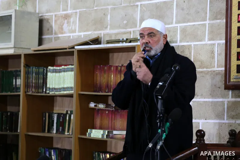 Senior Hamas leader Ismail Haniyeh speaks during the funeral of Palestinian Hamas militants whom killed after a tunnel, built for fighting Israel, collapsed in the Gaza Strip, in Gaza City on January 29, 2016. Seven Hama...