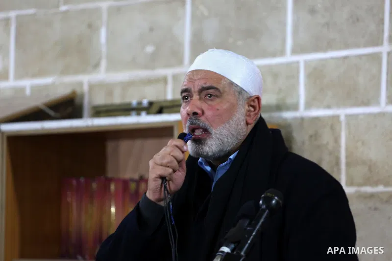 Senior Hamas leader Ismail Haniyeh speaks during the funeral of Palestinian Hamas militants whom killed after a tunnel, built for fighting Israel, collapsed in the Gaza Strip, in Gaza City on January 29, 2016. Seven Hama...