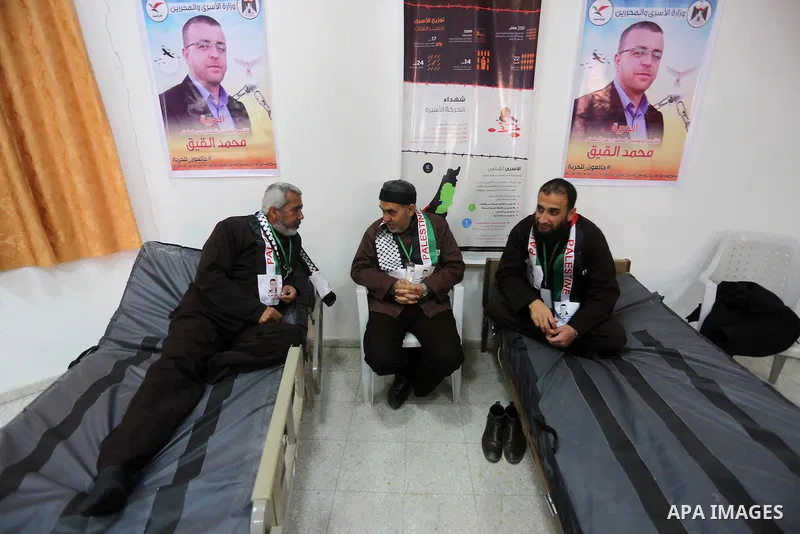Palestinians on a hunger strike in solidarity with journalist Mohammed al-Qiq who is imprisoned in an Israeli jail at the Ministry of Prisoners, in Gaza City, on January 30, 2016. Qiq is being held under Israel's controv...