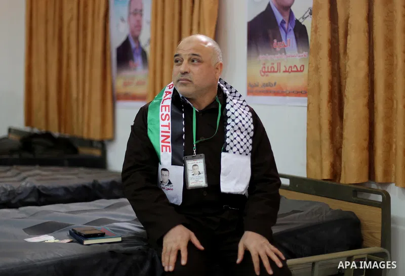 Palestinians on a hunger strike in solidarity with journalist Mohammed al-Qiq who is imprisoned in an Israeli jail at the Ministry of Prisoners, in Gaza City, on January 30, 2016. Qiq is being held under Israel's controv...