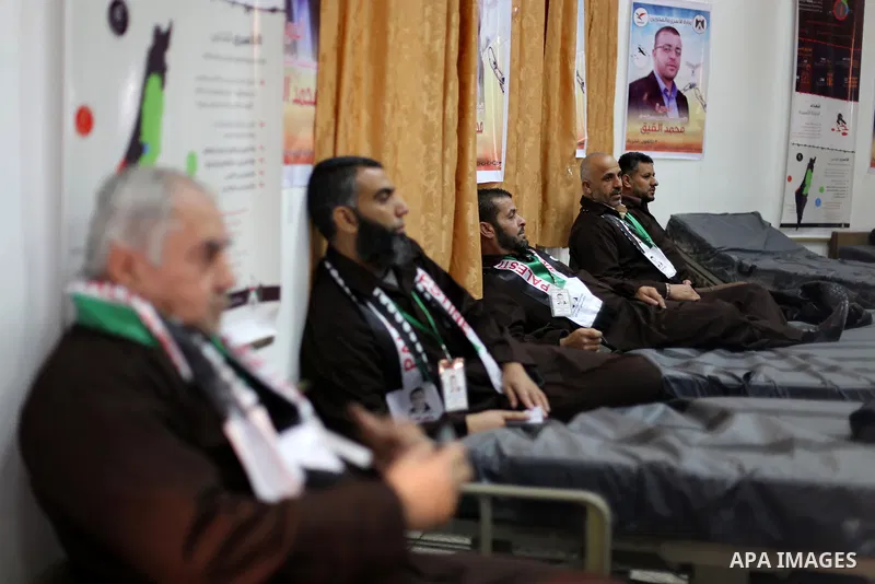 Palestinians on a hunger strike in solidarity with journalist Mohammed al-Qiq who is imprisoned in an Israeli jail at the Ministry of Prisoners, in Gaza City, on January 30, 2016. Qiq is being held under Israel's controv...