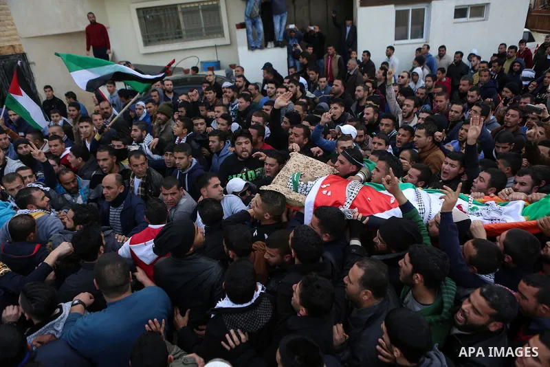 Relatives carry the body of a Palestinian Ibrahim Allan, 22, upon its release by the Israeli security forces, during his funeral, in the West Bank city of Ramallah, on Jan 30, 2016. Israeli authorities announced on Thurs...