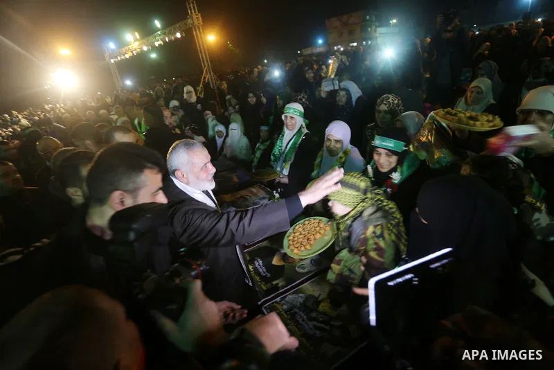 Senior Hamas leader Ismail Haniyeh attends a gathering to pay tribute to the brigade's militants who died after a tunnel collapsed in the Gaza Strip on January 31, 2016 in Gaza city. Seven Hamas militants were killed on...