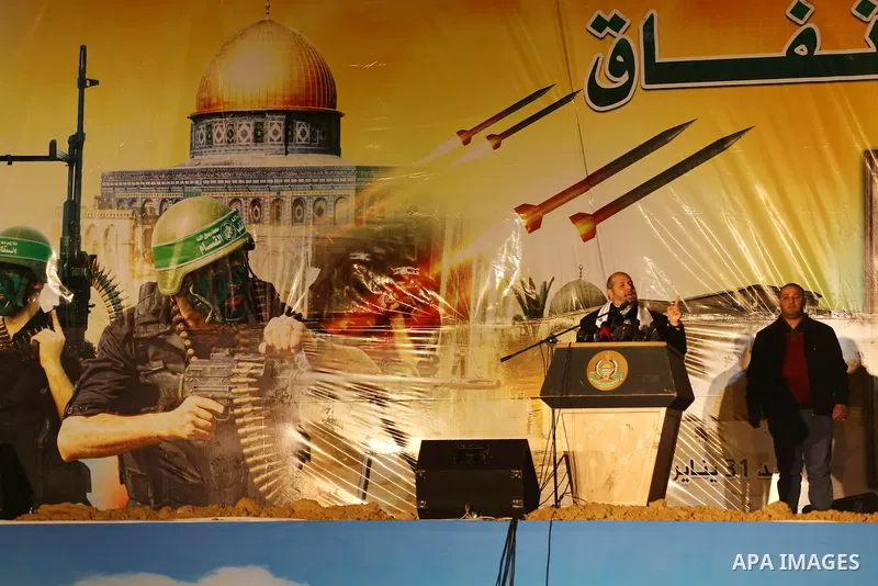 Senior Hamas leader Khalil al-Hayah speaks during a gathering to pay tribute to the brigade's militants who died after a tunnel collapsed in the Gaza Strip on January 31, 2016 in Gaza city. Seven Hamas militants were kil...