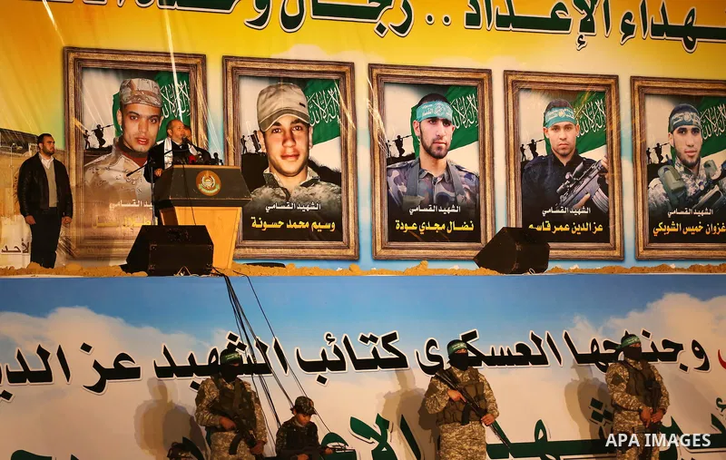 Senior Hamas leader Khalil al-Hayah speaks during a gathering to pay tribute to the brigade's militants who died after a tunnel collapsed in the Gaza Strip on January 31, 2016 in Gaza city. Seven Hamas militants were kil...