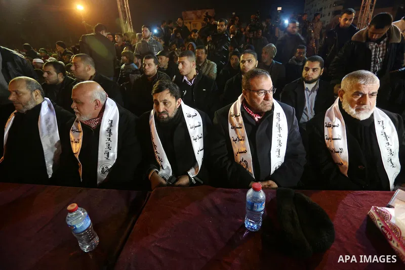 Palestinians supporting Hamas movement take part during a gathering to pay tribute to the brigade's militants who died after a tunnel collapsed in the Gaza Strip on January 31, 2016 in Gaza city. Seven Hamas militants we...
