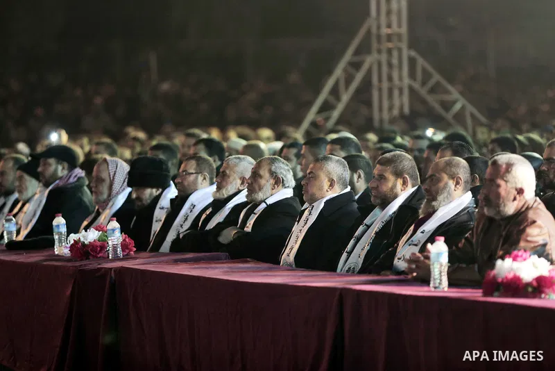 Palestinians supporting Hamas movement take part during a gathering to pay tribute to the brigade's militants who died after a tunnel collapsed in the Gaza Strip on January 31, 2016 in Gaza city. Seven Hamas militants we...