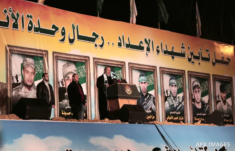 Senior Hamas leader Khalil al-Hayah speaks during a gathering to pay tribute to the brigade's militants who died after a tunnel collapsed in the Gaza Strip on January 31, 2016 in Gaza city. Seven Hamas militants were kil...