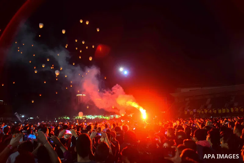 Al Ahly fans, also known as "Ultras", light flares and shout slogans at al-Ahly club's training stadium marking the fourt anniversary of killing al-Ahly fans in what known as the "Port Said massacre", on February 1, 2016...