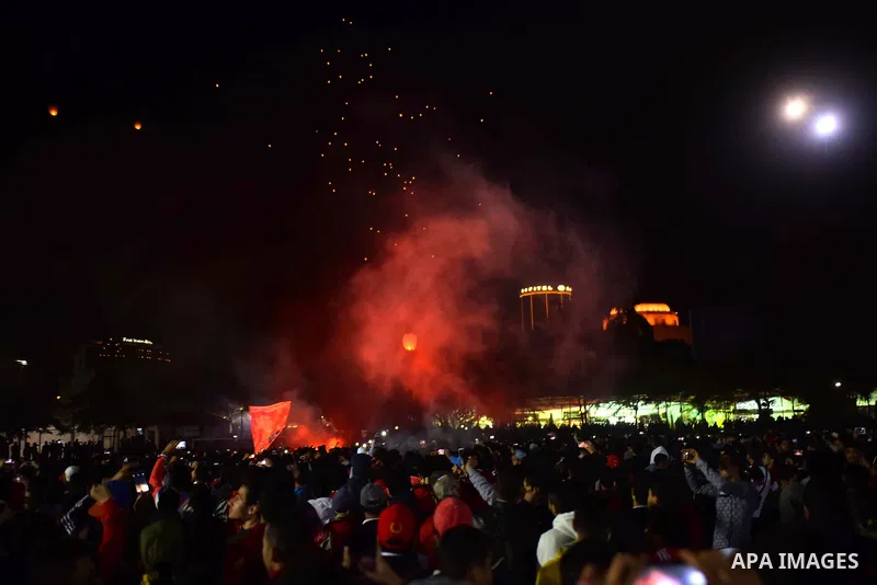 Al Ahly fans, also known as "Ultras", light flares and shout slogans at al-Ahly club's training stadium marking the fourt anniversary of killing al-Ahly fans in what known as the "Port Said massacre", on February 1, 2016...