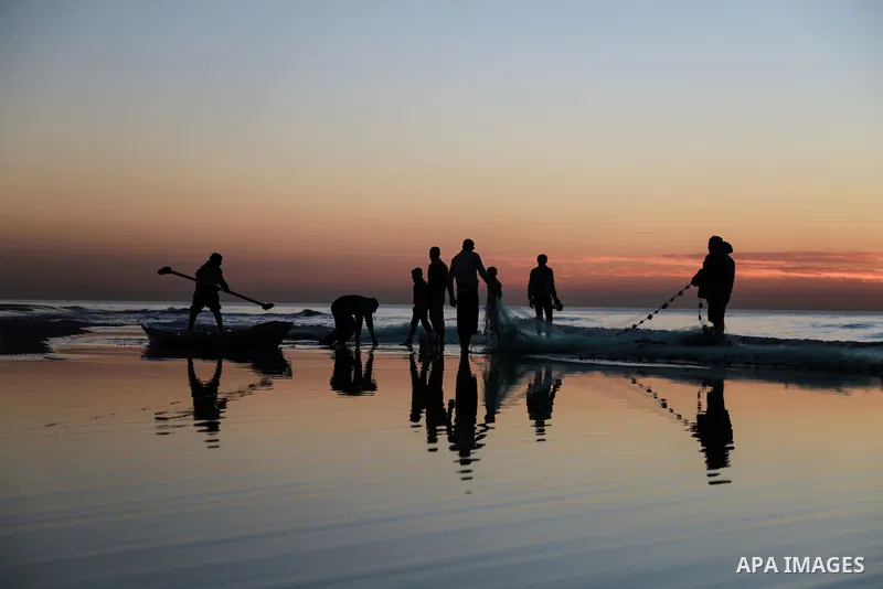 Palestinian fishermen work during the sunset on the beach of Gaza city on Feb. 04, 2016. Photo by Mohammed Dahman