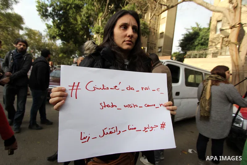 Activists take part in a rally in memory of Italian student Giulio Regeni on February 6, 2016, outside of the Italian embassy in the Egyptian capital Cairo. The 28-year-old student who disappeared in Cairo last week has...