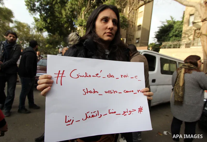 Activists take part in a rally in memory of Italian student Giulio Regeni on February 6, 2016, outside of the Italian embassy in the Egyptian capital Cairo. The 28-year-old student who disappeared in Cairo last week has...