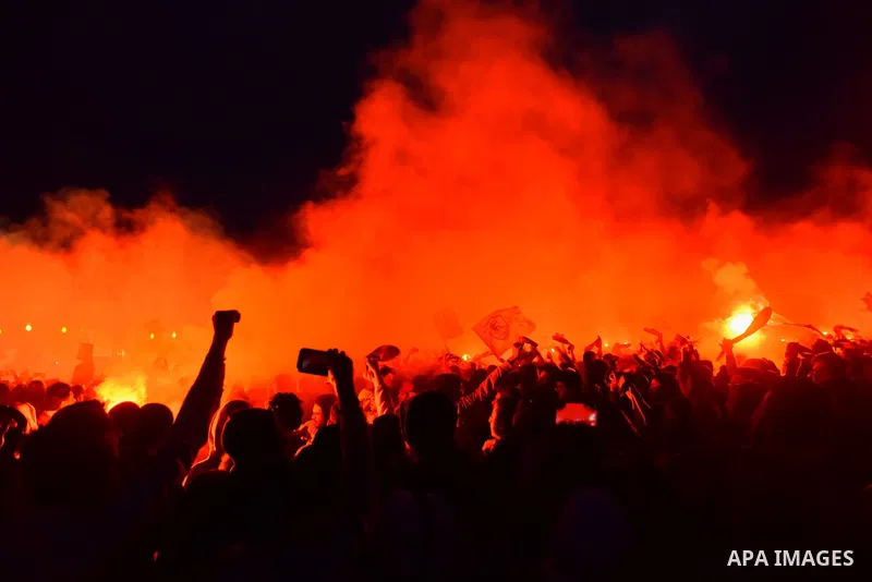 Al-Zamalek soccer club fans known as 'Ultras White Knights" light flares and shout slogans to mark the first anniversary of killing al-Zamalek fans in Cairo, Egypt, Feb. 08, 2016. At least 22 soccer fans were crushed to...