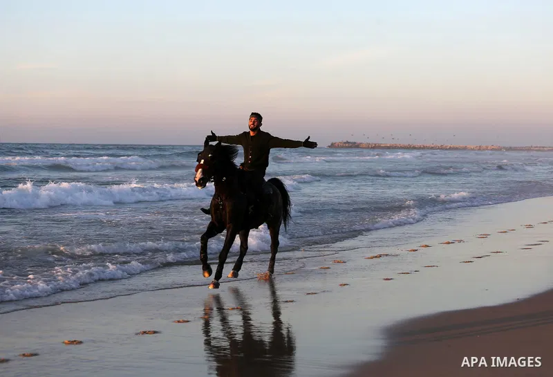 A Palestinian youth shows his skills on rides horses on the beach of Gaza city on Feb. 12, 2016. Photo by Mohammed Asad