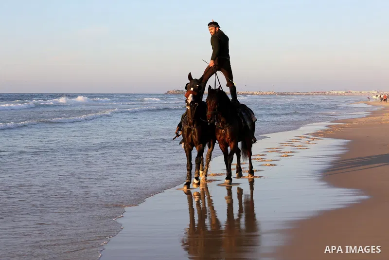 A Palestinian youth shows his skills on rides horses on the beach of Gaza city on Feb. 12, 2016. Photo by Mohammed Asad
