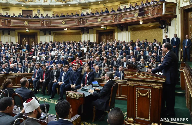 A handout picture released by the Egyptian Presidency on February 13, 2016 shows Egyptian President Abdel Fattah al-Sisi giving a speech during his visit to the parliament headquarters in Cairo. Photo by Egyptian Preside...