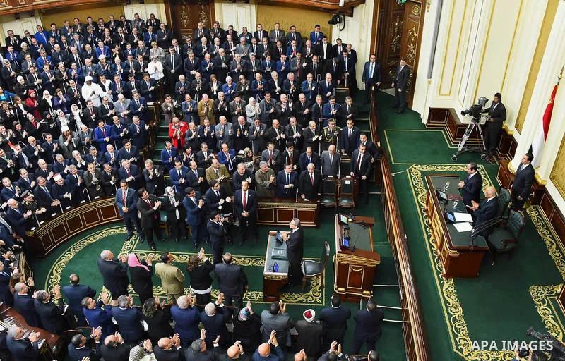 A handout picture released by the Egyptian Presidency on February 13, 2016 shows Egyptian President Abdel Fattah al-Sisi giving a speech during his visit to the parliament headquarters in Cairo. Photo by Egyptian Preside...