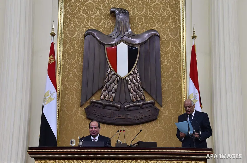 A handout picture released by the Egyptian Presidency on February 13, 2016 shows Egyptian President Abdel Fattah al-Sisi giving a speech during his visit to the parliament headquarters in Cairo. Photo by Egyptian Preside...