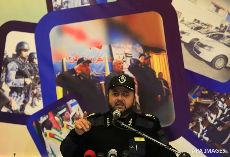 Director of police services,Taysir Al-Batsh, speaks during a ceremony of the harvest of police work for the 2015, in Gaza city on February 13, 2016. Photo by Yasser Qudih