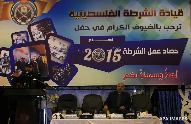 Director of police services,Taysir Al-Batsh, speaks during a ceremony of the harvest of police work for the 2015, in Gaza city on February 13, 2016. Photo by Yasser Qudih