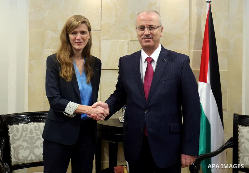 Palestinian prime minister Rami Hamdallah meets with Samantha Power, United States Ambassador to the United Nations, in the West Bank city of Ramallah, on February 13, 2016. Photo by Prime Minister Office