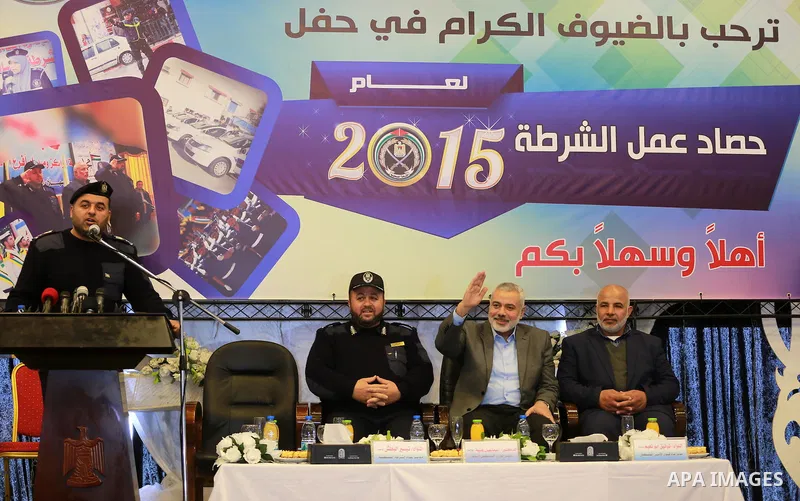 Senior Hamas leader Ismail Haniyeh attends a ceremony of the harvest of police work for the 2015, in Gaza city on February 13, 2016. Photo by Yasser Qudih